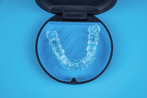 Clear Invisalign aligners in a case at Bernhardt & Smith Orthodontics, Bishop Drive Office and 50th Street Office in West Des Moines, IA