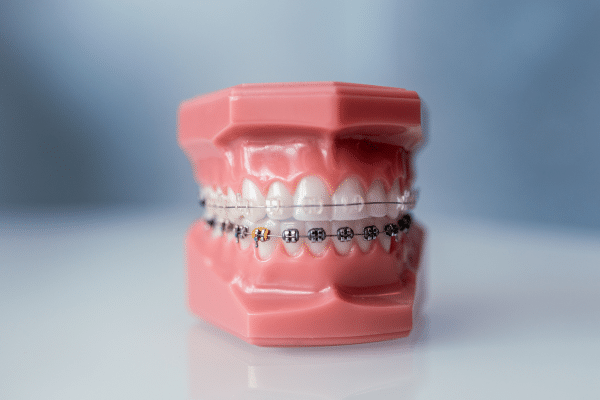 Dental model with metal braces for metal and clear braces treatment at Bernhardt & Smith Orthodontics, Bishop Drive Office and 50th Street Office in West Des Moines, IA